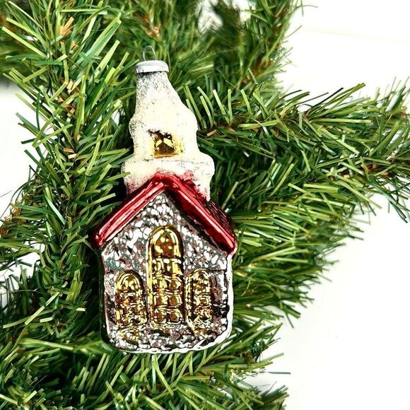 Vintage West Germany Blown Mercury Glass House Church Village Christmas Ornament - Picture 4 of 10
